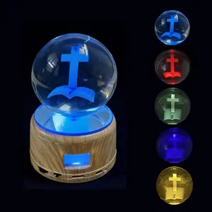 3D Cross Bible Crystal Ball Music Box, Full Bible Audio on SD Card (Chapter-Separated), 5-Color Changing LED Lights, Christian Gift for Home Decor