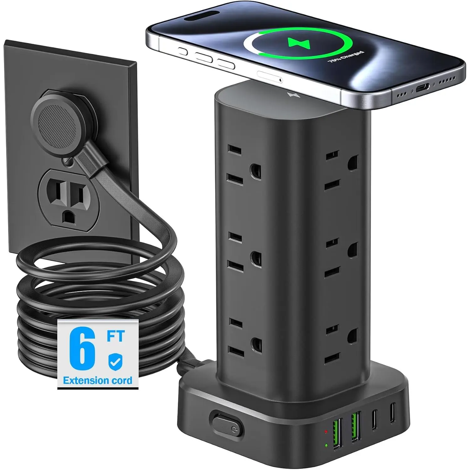 Tower Power Strip with 15W  Charger, 6FT Flat Plug Extension Cord with Multiple Outlets, 12 AC Outlets, 4 USB Ports (2 USB C)  Station Surge Protector for Office Home Dorm Room (Black)