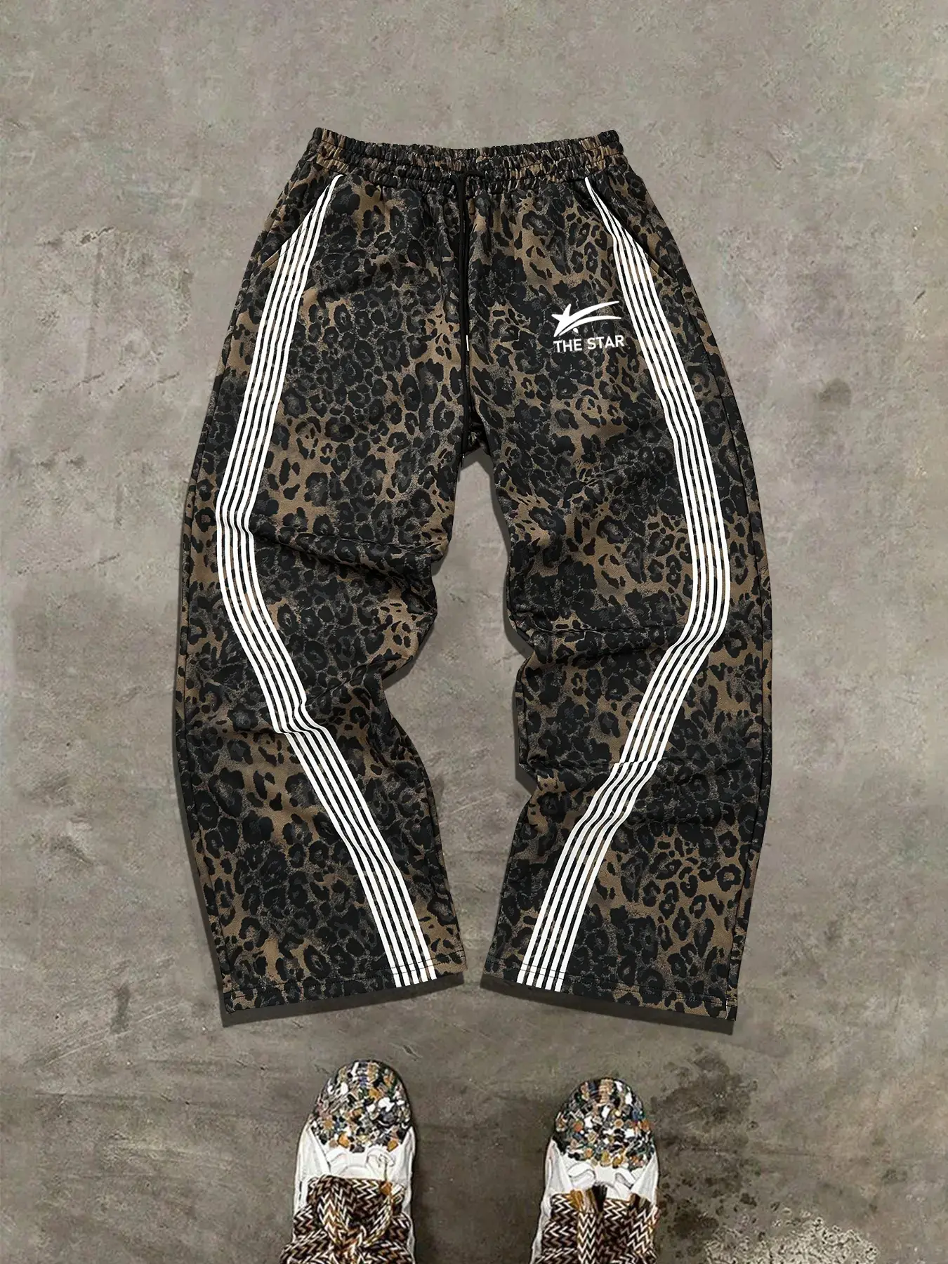 Men's Leopard Print Joggers, Three-Stripes Vintage High Street Loose Straight Leg Pants, Casual Sports Trousers, Spring & Fall Casual Streetwear