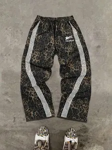 Men's Leopard Print Joggers, Three-Stripes Vintage High Street Loose Straight Leg Pants, Casual Sports Trousers, Spring & Fall Casual Streetwear
