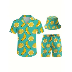 Men'S 3pcs Retro Outfit Beach Set, Vintage Banana And Lemon Patterns Sportswear, Hawaiian Sportswear Set, Shirt Beach Shorts And Fisherman Hat Bucket Hat