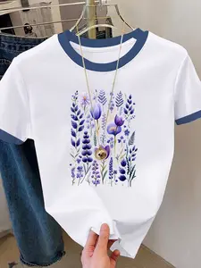 1 Pcs Women Color Block Crew Neck T-Shirt Vintage Purple Lavender Bouquet Print Casual Versatile Daily Commute