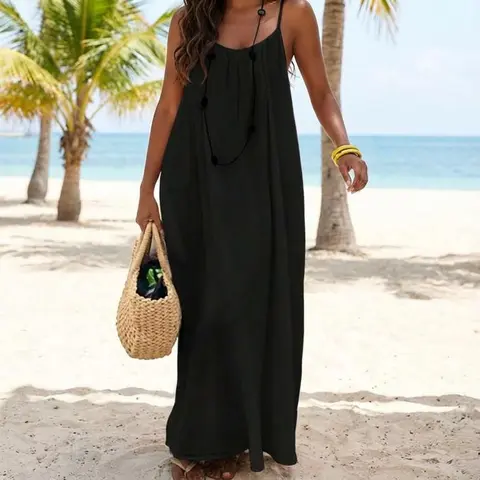 Women's Basic Solid Color Sleeveless Pleated Cami Nightdress - Baggy, Oversized, Breathable, Thin Drape, Casual Summer Backless Loungewear with Adjustable Bohemian Beach Hat, Plus Size Sunglasses for Women Round Frames, Indoor & Holiday Use