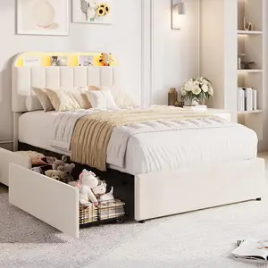Twin Bed Frame with Storage Headboard, Kids Bed Frame with 2 Drawers, Velvet Upholstered Platform Bed Frame with Lights, No Box Spring Needed, Easy Assembly