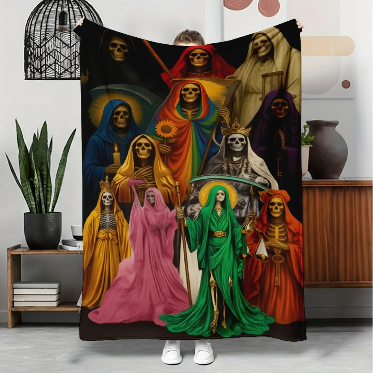 Santa Muerte Theme Digital Print Throw Blanket - Soft Texture, Fate Pattern, Cozy Warm Soft Blankets, Decorative for Bed, Home & Travel Use