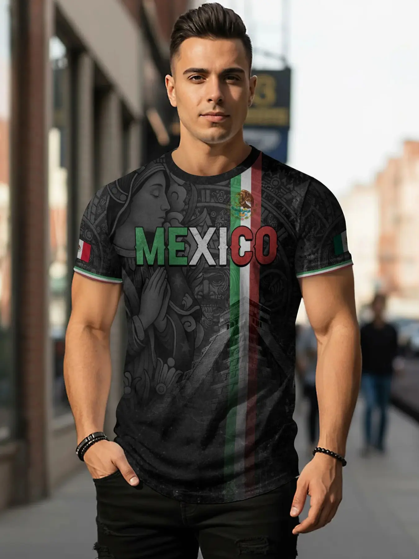 Mexico Flag Praying Hands Guadalupe Aztec Legacy Pride Street Shirt, Menswear, Tops, Streetwear, Casual, Sporty Style, Fitted Long Sleeve, All Seasons Wear
