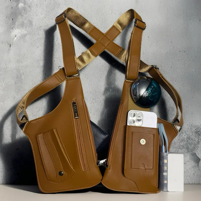 PU Leather Underarm Bag for Men & Women, Retro Vest Style Shoulder Holster Phone Carrier with Adjustable Straps for Travel & Hiking, Edc Holder Bag