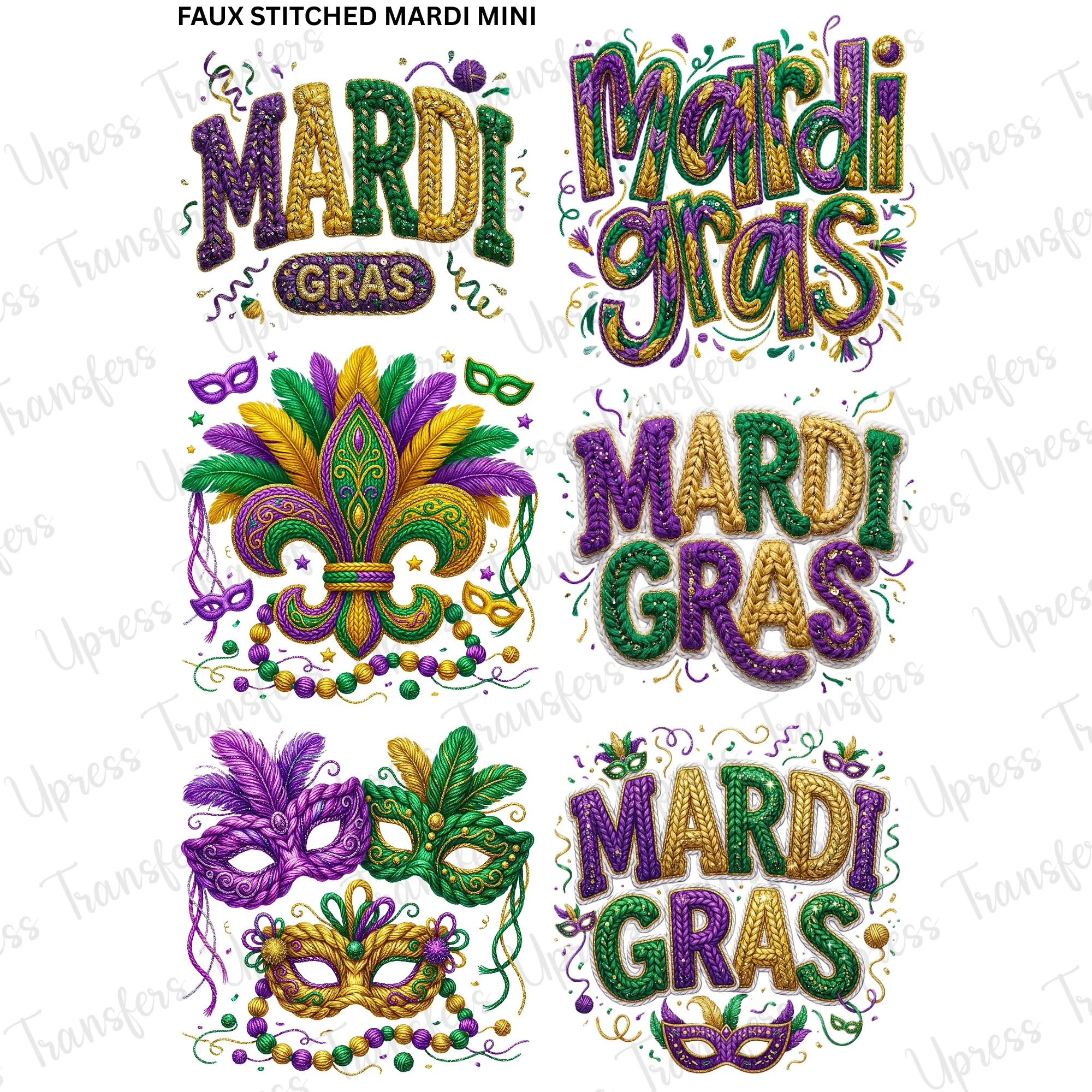 Faux Stitched Mardi Mini DTF Transfer Gang Sheet 24.5" Wide x 36" Long Direct To Film Trendy Vibrant Designs for Stylish Wardrobe
