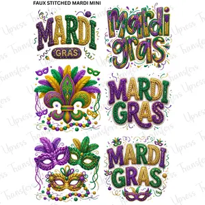Faux Stitched Mardi Mini DTF Transfer Gang Sheet 24.5" Wide x 36" Long Direct To Film Trendy Vibrant Designs for Stylish Wardrobe