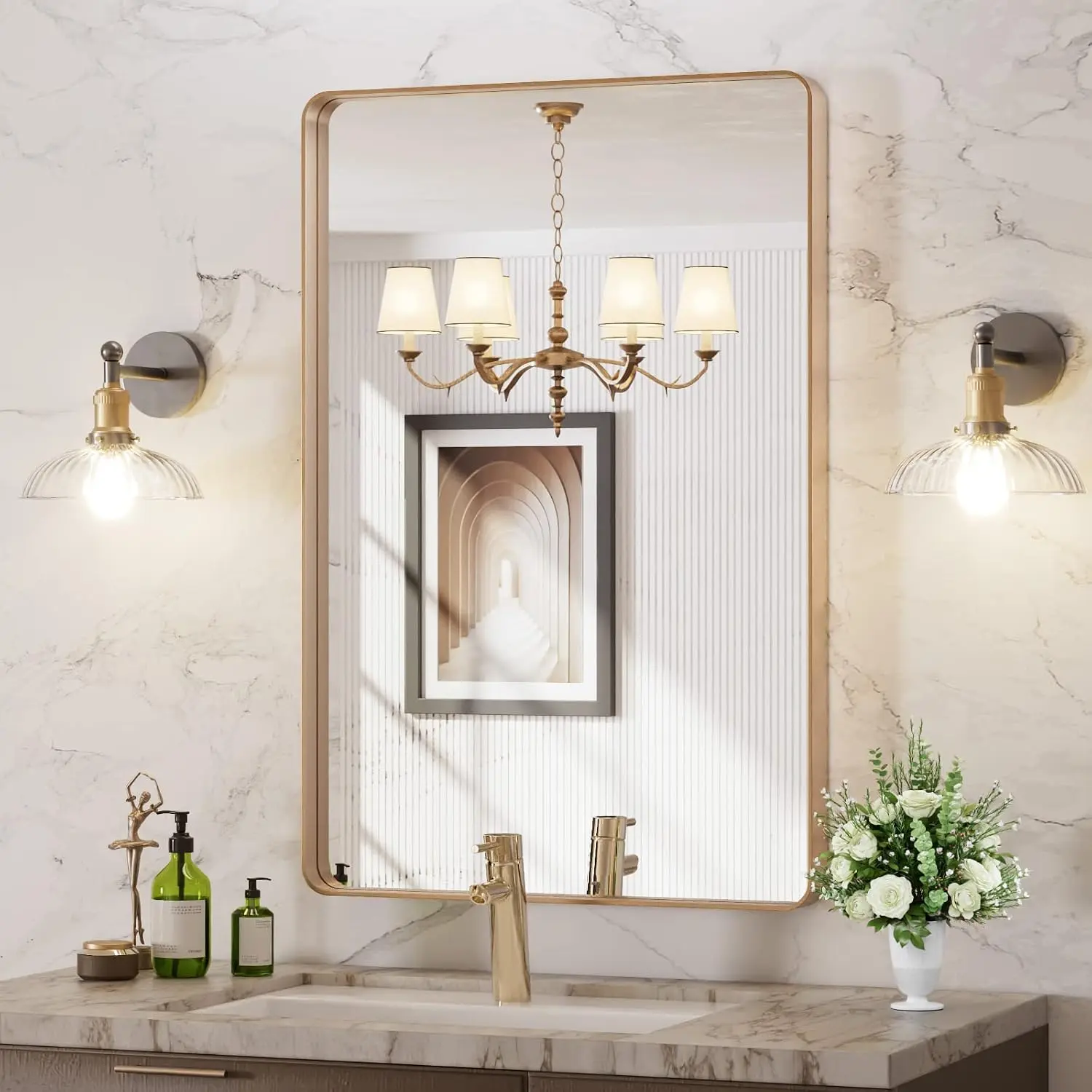 LOAAO 24"X36" Gold Bathroom Mirror | Rounded Rectangle, Brushed Gold Frame, Wall-Mounted, Anti-Rust, Hangs Horizontally or Vertically