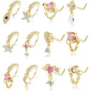 12Pcs 20G Dangle Nose Rings for Women Surgical Steel L Shape Nose Stud Rings Cute Flower Butterfly Evil Eye Opal CZ Dangling Nose Piercing Jewelry Hypoallergenic Nickel-Free - Pendants Cubic Zirconia
