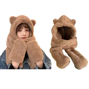 Women's Cute Bear Hooded 3-in-1 Set Warm Winter Plush Scarf & Gloves Cozy Furry Hoodie Accessory for Cold Weather Comfort Cotton Fluff
