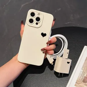 5-Piece Set Antique Minimalist Heart Design Phone Case with Charger Headset, Cable Protector & Storage Strap for iPhone 6/7/8/x/XS/XR/11/12/13/14/15/16/17pro Max, Perfect Gift for Couples, Girls & Teens