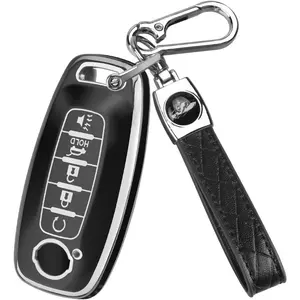 Key Fob Cover for Nissan Cars-5-Button Car Key Fob Protector, Compatible with 2023-2024 Pathfinder and Rogue, Metal Keychain Remote Key Accessory Protector (Silver-Black)