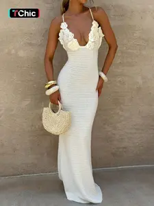 Women Crochet Maxi Dress Boho Floral Crochet Dress Deep V Neck Sleeveless Bodycon Summer Dress White Crochet Beach Vacation Dress Bohemian Resort Wear Dress Elegant Holiday Party Long Dress Sexy Crochet Dress