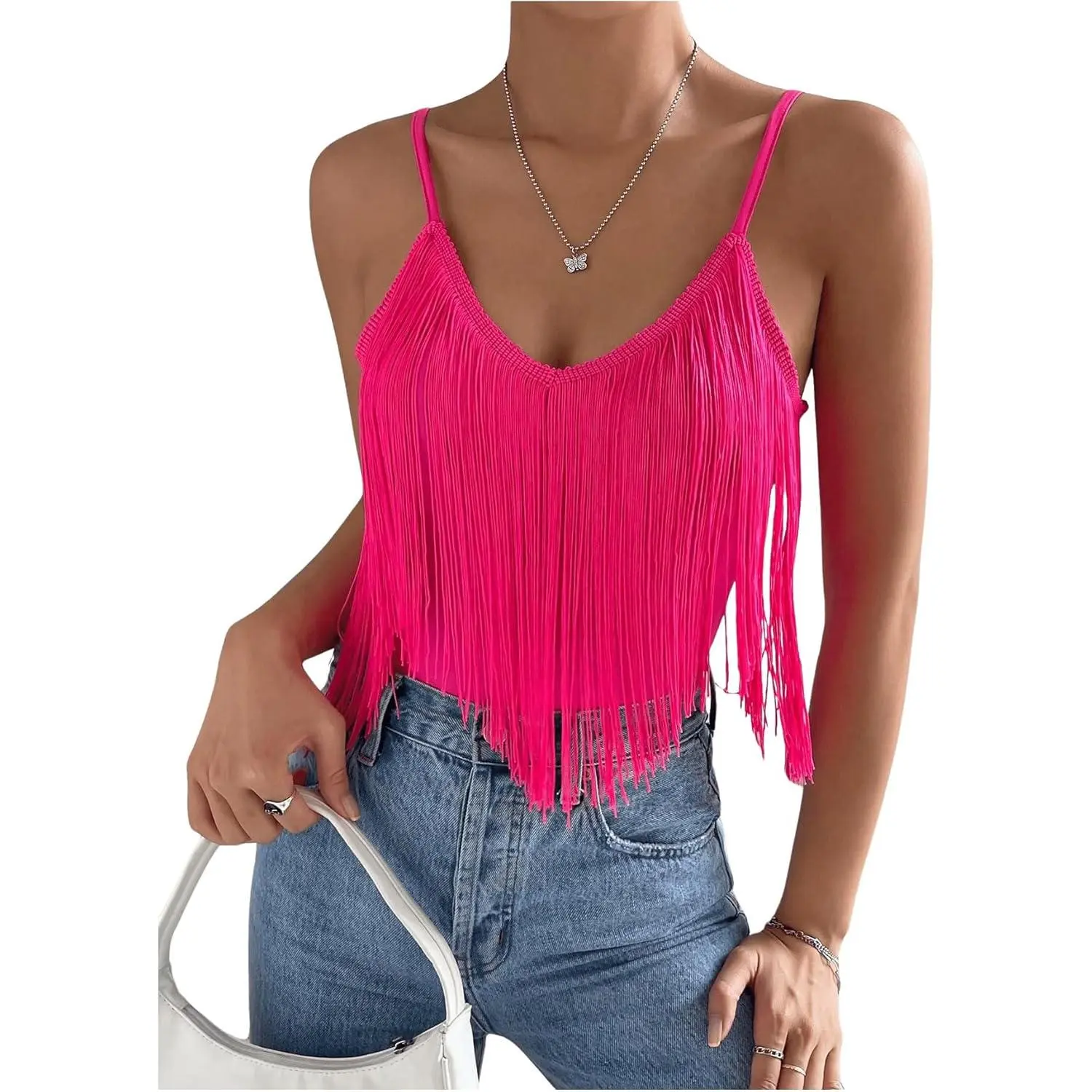 Women's Sleeveless Fringe Camisole Tops V Neck Spaghetti Strap Summer Cami Shirts Womenswear Basic Hot Pink Minimalist tank tops tubetops weighted vests women crop tops dressy tops