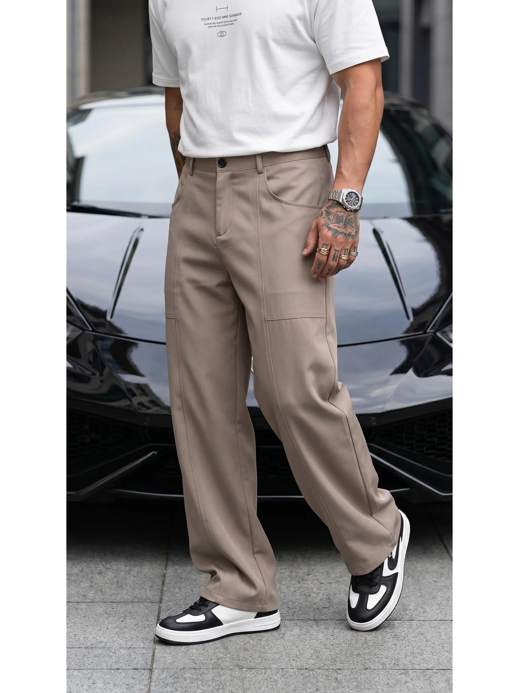 Men's Plain Wide-Leg Trousers, High-Waisted Loose-Fit Polyester Pants for Casual Streetwear and Commuting, Work, Woven, Streetwear Outfits, Trouser, Classic