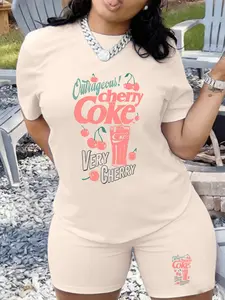 Women's Round Neck Short Sleeve T-Shirt and Shorts Set, Summer New Arrival, Cherry Cola Theme Vintage Retro Letter Print, Casual Sweet Style