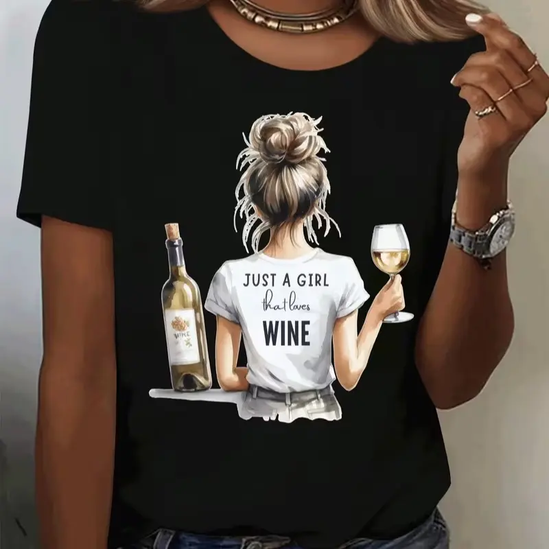 Just A Girl That Loves Wine Messy Bun Woman Back Graphic T-Shirt Wine Lover Women Casual Short Sleeve Tee