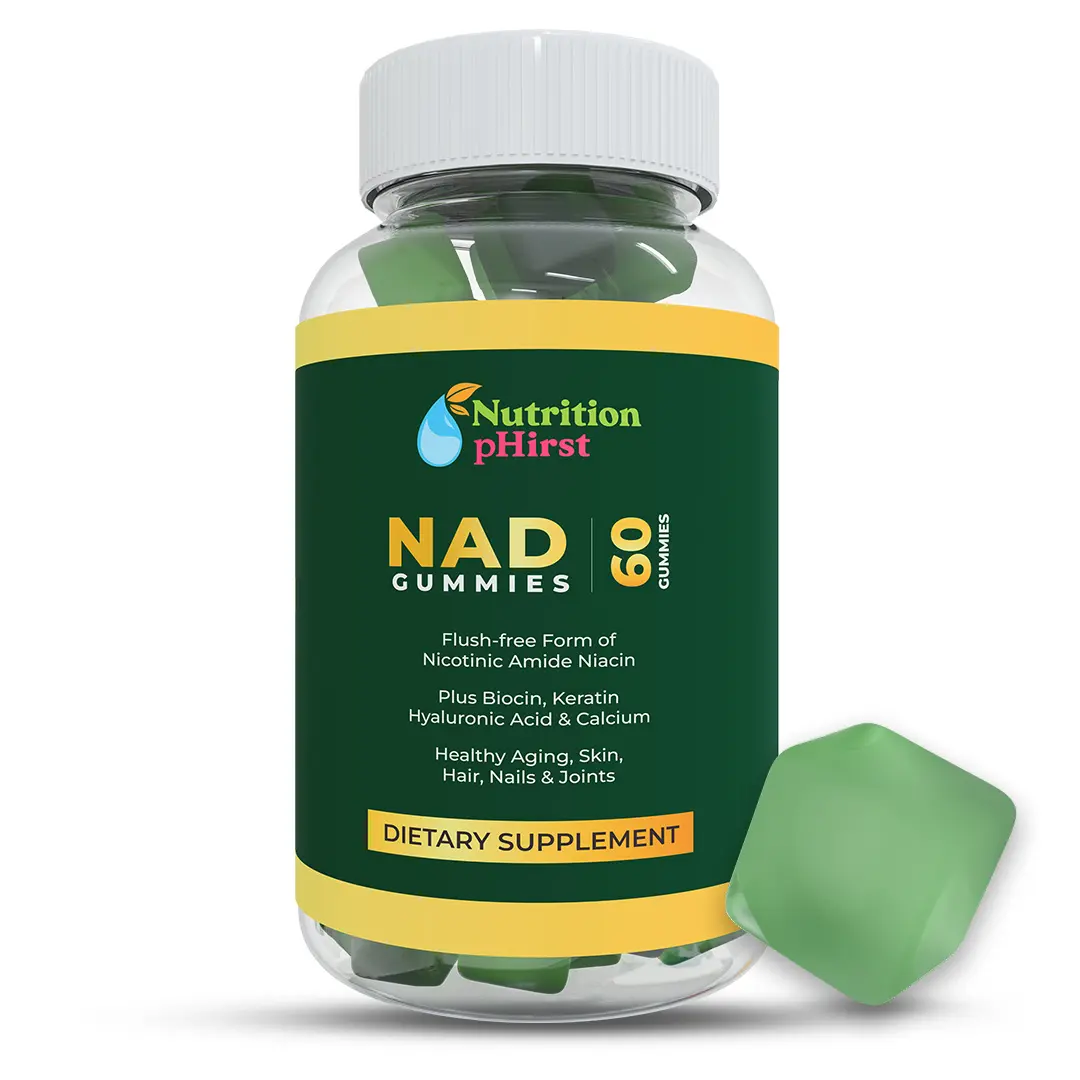 Nutrition Phirst NAD+ Gummies with Flush-Free Niacin, NAD+ Booster Supplement for Energy, Healthy Aging, Skin, Hair, Nails & Joint Support, Biotin, Collagen, Keratin & Hyaluronic Acid, Vegan, 60 Gummies