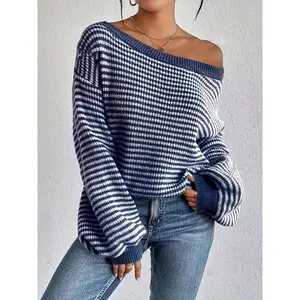 Women's Casual Off-Shoulder Pullover Sweater, & Striped Loose Fit Drop Shoulder Sleeve, Soft Knit Fall Winter Top