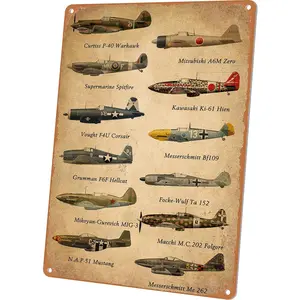 Vintage Aviation Airplane Decor WW2 Fighter Planes Metal Tin Sign Boys Room Wall Art Decor Military Fan Gifts Man Cave Garage Army Poster 8X12 Inches