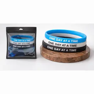 One Day At A Time Bracelet (3PACK) - Inspirational Wristband in Black White & Blue Colors for Daily Motivation
