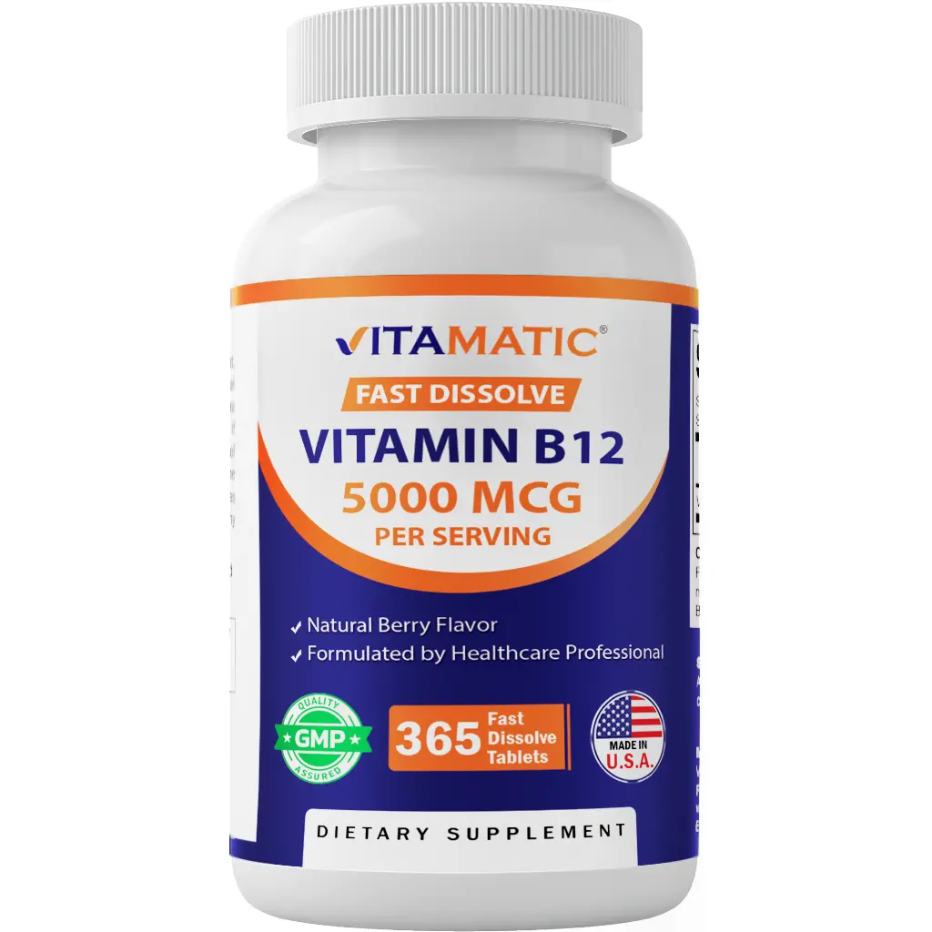 Vitamatic Edible Water-Soluble Vitamin B12 Tablets with Magnesium - 5000 mcg per Serving, Fast Dissolve, Berry Flavor, 365 Tabs, Gluten-Free, Free from Soy Yeast Wheat Egg, FDA Registered Facility, Boosts Energy, Supports Red Blood Cell Health
