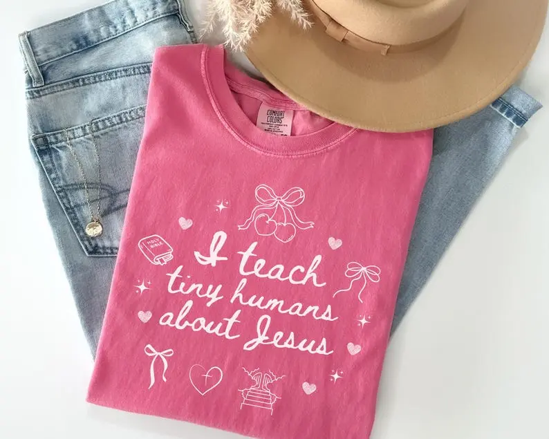 Comfort Colors Christian Teacher Coquette TShirt, Teach Tiny Humans About Jesus T-Shirt, Christian Hand Drawn Style Tee, Bible School Tee, Cute Teacher Gift