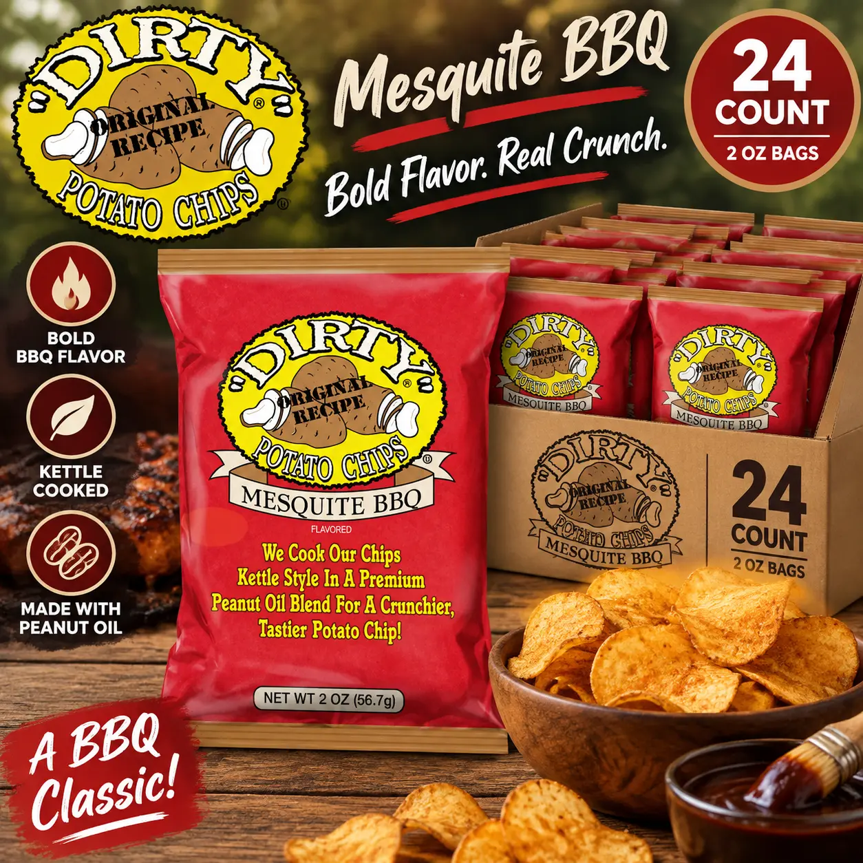 Dirty Kettle Potato Chips Mesquite Barbecue Flavor 2 oz 24 Count Snack Bags BBQ Chips