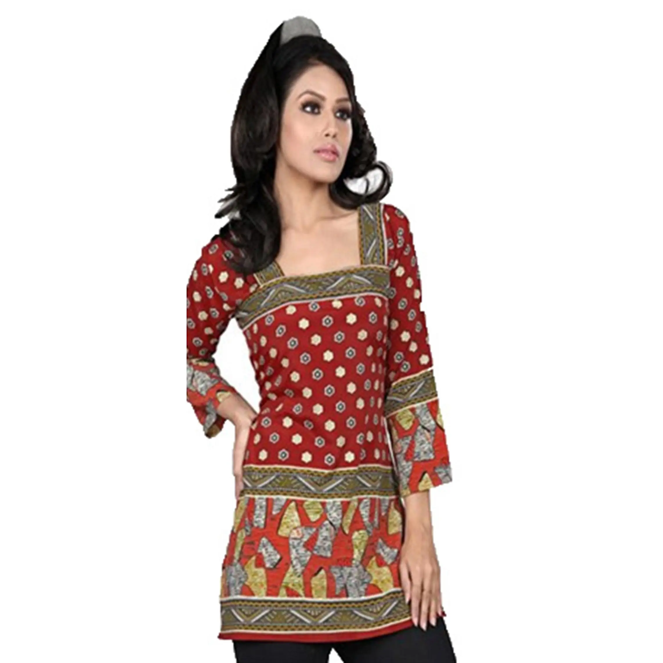 Tunic for Women Square Neck with Gold Foil and Printed Short Crape Kurti Kurta 3/4 Sleeves Tunic Top.