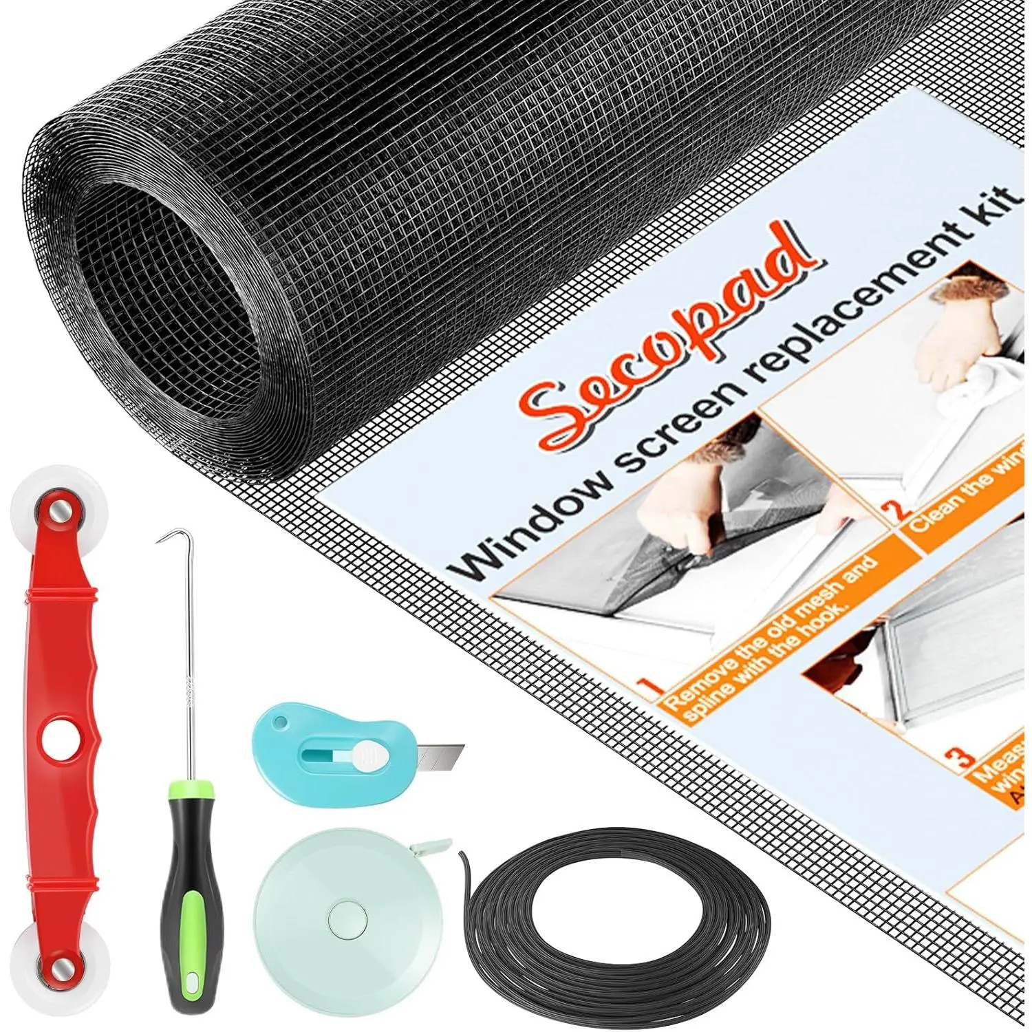 Window Screen Door Repair Kit, 48" x 177" Screen Door Mesh Replacement Kit, Durable Fiberglass Mesh Roll with Tools for Windows Doors Patio and Porch Replacement, Black