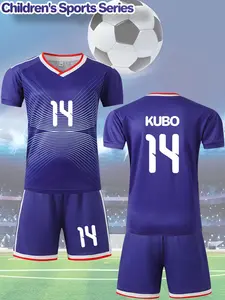 2 pieces of color-blocked ball number 14, name KUBO printed boys' short-sleeved football jersey V-neck T-shirt and shorts set, suitable for boys' comfortable and fit sportswear.