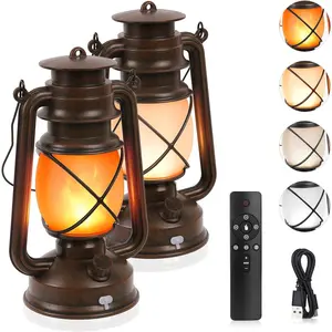2 Pack  Lantern Flickering Flame Rechargeable LED Retro Camping Lights 4 Modes Remote Control   Outdoor Lamp  Lanterns