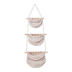 3-Tiered Woven Basket Fruit Organiser, Nordic Style Camping & Picnic Picnicware with Wall Mount, Removable Weaving Vegetable Mesh Pockets, Breathable for Kitchen & Snacks Storage