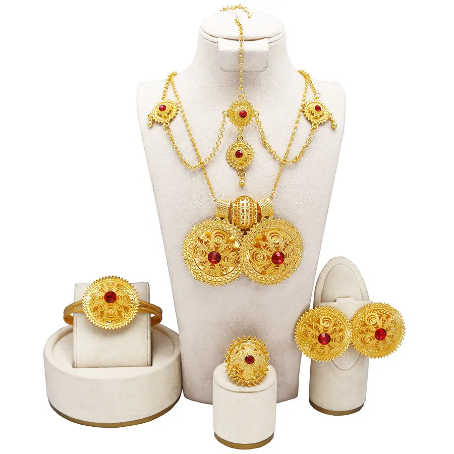 Filigree Pendant Necklace, Chain Headpiece, Earrings, Cuff Bracelet & Ring With Red Crystal Ethiopian Jewelry, African Gold Plated Jewelry Set, Traditional Bridal Jewelry For Women Gifts