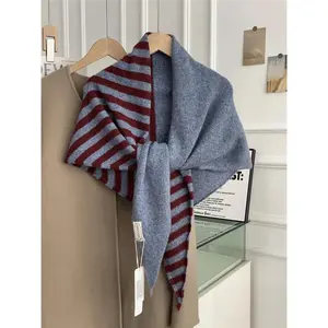 Color Matching Striped Enlarged Triangular Scarf Wool Striped Autumn Winter New Korean Knitted Shawl Warm Scarf Women