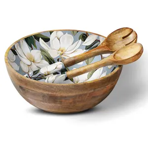 12-in Round Wooden Bowl Set with Matching Serving Servers - Stylish Rustic Chic Fruit Bowl for Kitchenware, Tableware Use