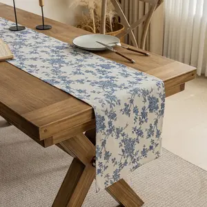 Cotton Linen Blue Printed Floral Table Runner with Tassel Circular Placemats for Wedding Party Dinning Table Decor NONE