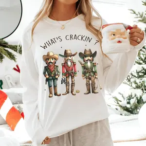 What's Crackin Country Cowboy Nutcrackers Funny Christmas Western Nutcrackers Fitted Long Sleeve Crewneck Sweatshirt Unisex Cotton Pullover Sweatshirt