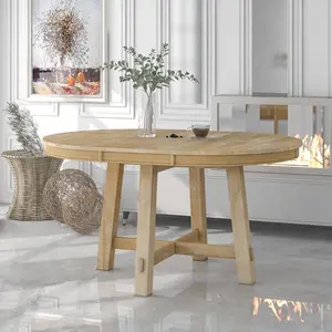 Adjustable Round Dining Table – Expands from 42" to 58", Solid X-Base Design, Natural Oak Wood Veneer, Seats 6, Perfect for Small Spaces or Family Gatherings