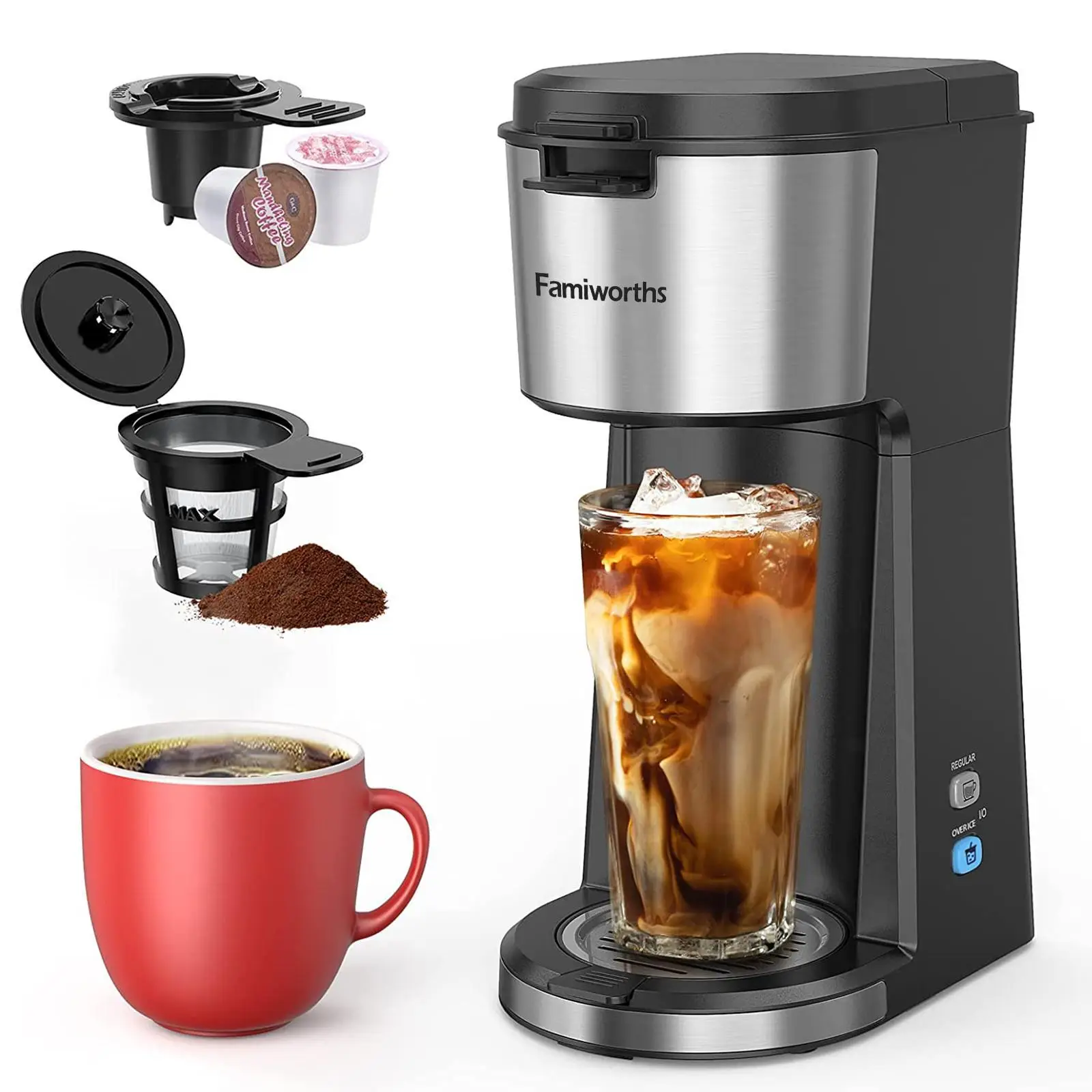 Famiworths Iced and Hot Capsule Coffee Machine for K Cup and Ground