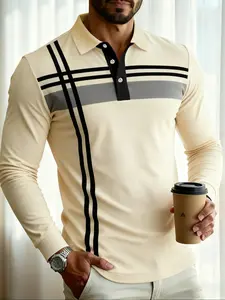Men's Colorblock Long Sleeve Polo Shirt, Casual Fitted Top with Front Button and Collar, Fall & Winter Wear, Regular Fit