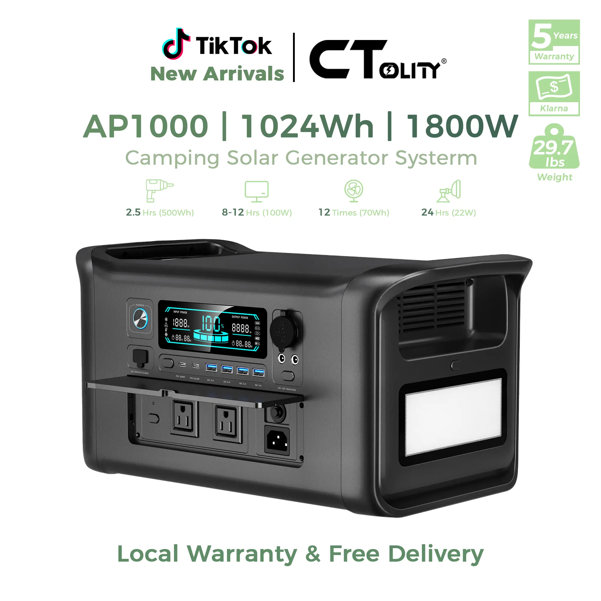 CTOLITY AP1000 1600W Portable Power Station, 1024Wh LiFePO4 Battery, Fast 1Hr Charging,Solar Generator for Home Backup, Camping, RV & Emergency Power