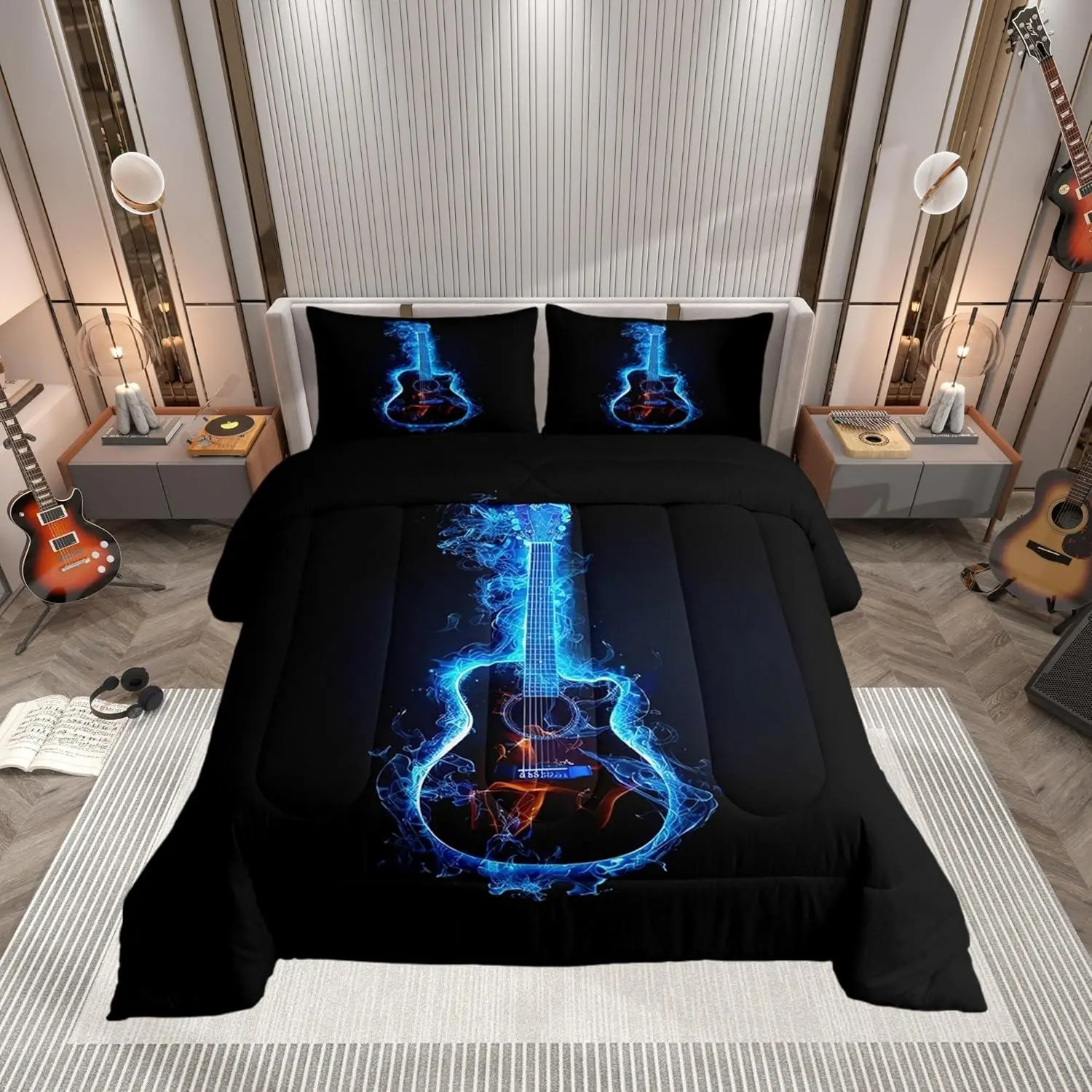 Modern Musical Guitar Bedding Set for Kids Adults,Hip Hop Rock Music Comforter Set,Bed Set,Boys Men,Neon Blue Glowing Quilt Set,Modern Fashion Music Duvet Insert