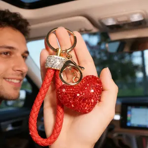 Heart-Shaped Keychain, Sweet Luxurious Style, Three Color Options, Daily Commute Accessory, Full Diamond Heart Design