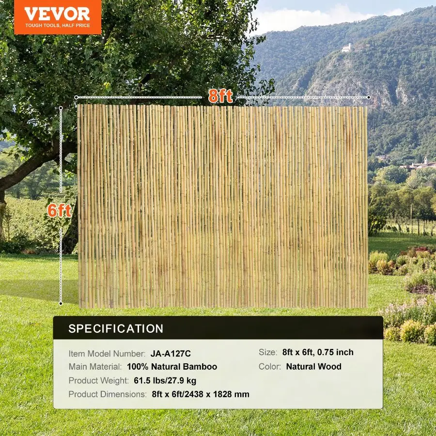 【Summerfinds】 VEVOR Natural Rolled Bamboo Fence, Eco-Friendly Bamboo Privacy Fence 6 ft Hx 8 ft Lx 0.75 in D. Decorative Bamboo Privacy Screen for Garden, Backyard, Balcony, Patio, Pool Sidedealsforyoudays