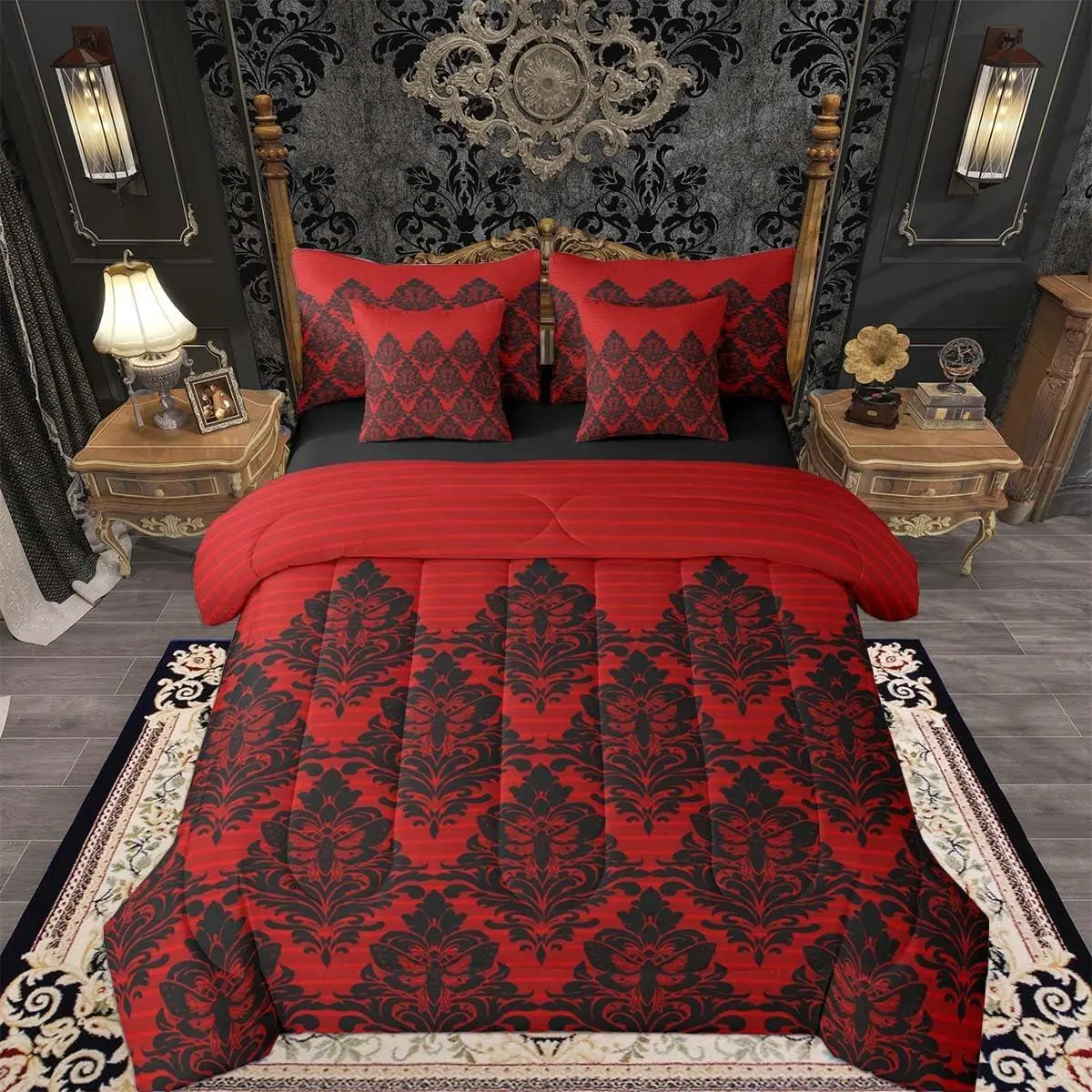 Gothic Red Damask Comforter Set with Sheets 7 Piece Exotic Death Moth Bedding Set for Kids Boys Girls Victorian Baroque Floral Goth Bed in a Bag Room Decor Soft