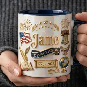 Patriotic Mug 2D Printed 3D Effect Custom Name Ceramic Coffee Cup With Flag Bell Stars Fireworks Freedom Icons For Americans 250th Anniversary 2026 Independence Day Gift Keepsake