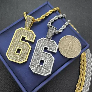 Men's Number 6 CZ Pendant & 4mm 24" Bling Rope Chain Hip Hop Fashion Necklace 14K Gold Silver Plated Alloys High Quality Polished